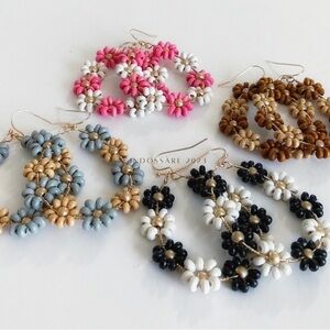 Wooden Floral Beaded Teardrop Earrings